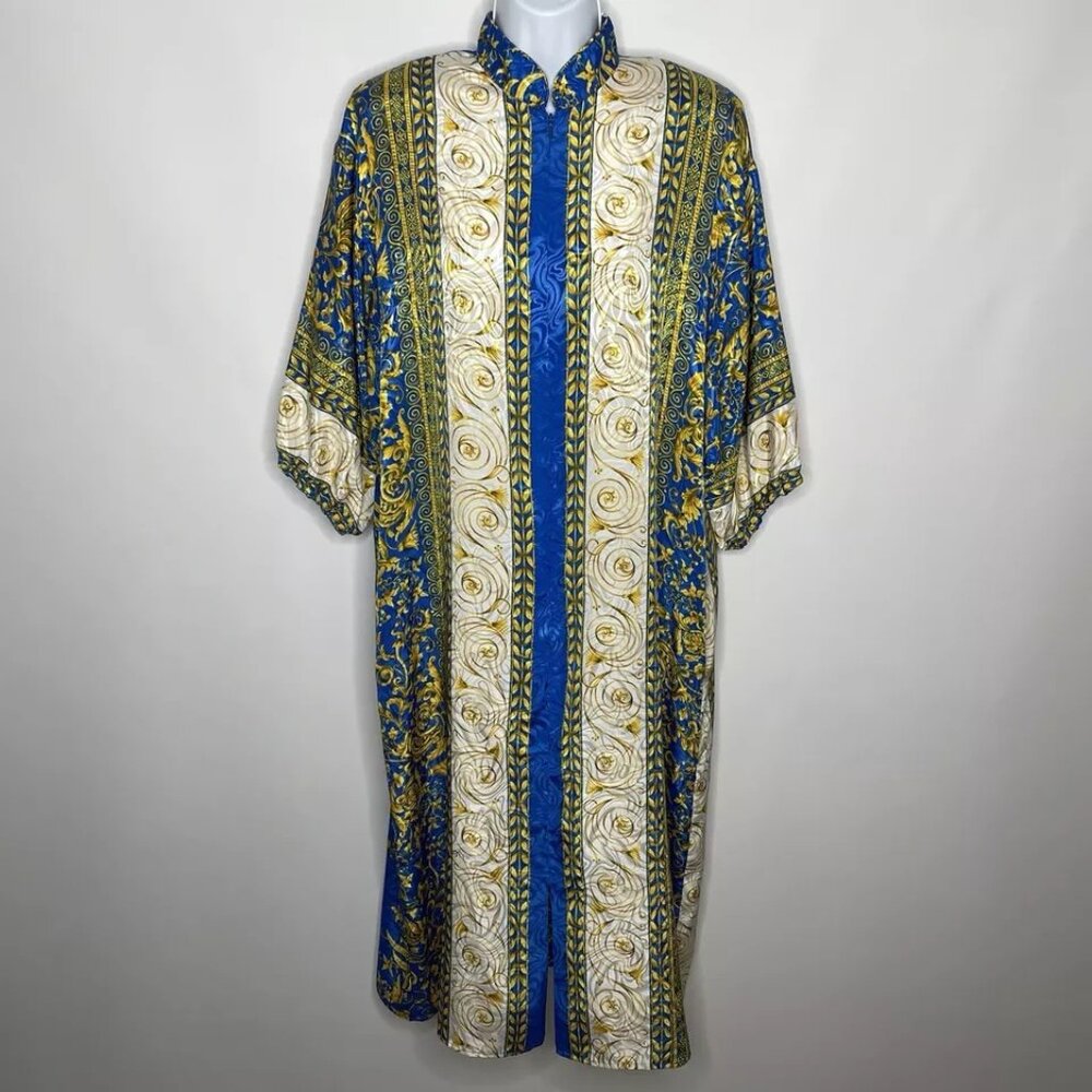 Vintage 80s Ruth Norman Blue Gold Baroque Satin Zip Kaftan Dress